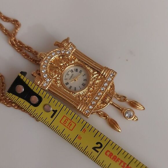 W Lind Gold Tone CZ Stones Art Deco Birds House Watch Brooch Pendant Necklace - Picture 5 of 6